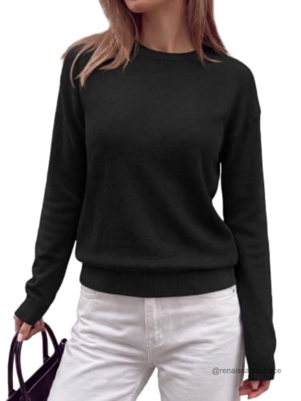 Lightweight Ribbed Knit Crew Neck Pullover Sweater Loose Long Sleeve Top
